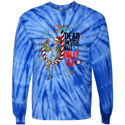 Christmas Skeleton Lights Dead Inside But Jolly Af Retro Gift Tie-Dye Long Sleeve Shirt