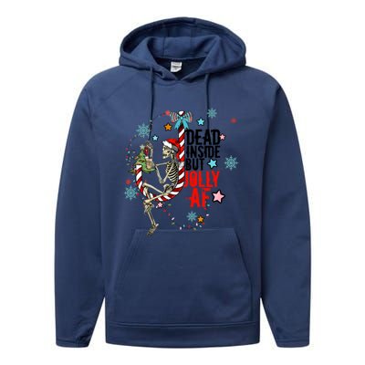 Christmas Skeleton Lights Dead Inside But Jolly Af Retro Gift Performance Fleece Hoodie