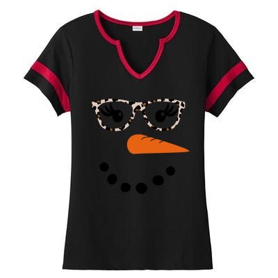 Cute Snowman Leopard Face Lady Ladies Halftime Notch Neck Tee