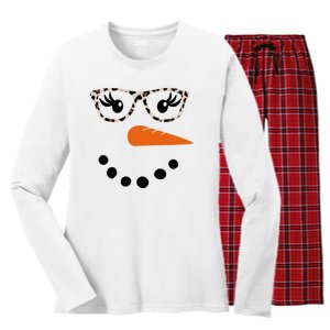 Cute Snowman Leopard Face Lady Women's Long Sleeve Flannel Pajama Set 