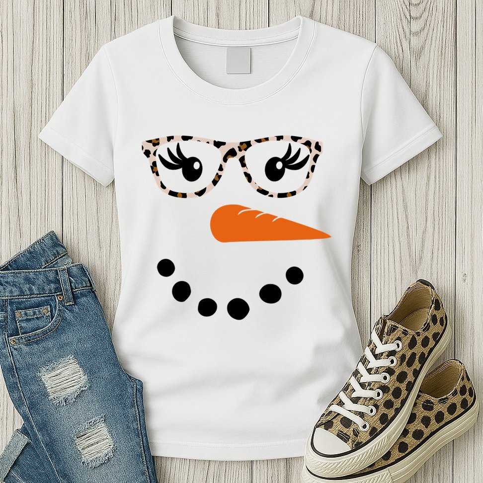 Cute Snowman Leopard Face Lady Womens T-Shirt