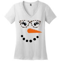 Cute Snowman Leopard Face Lady Women's V-Neck T-Shirt