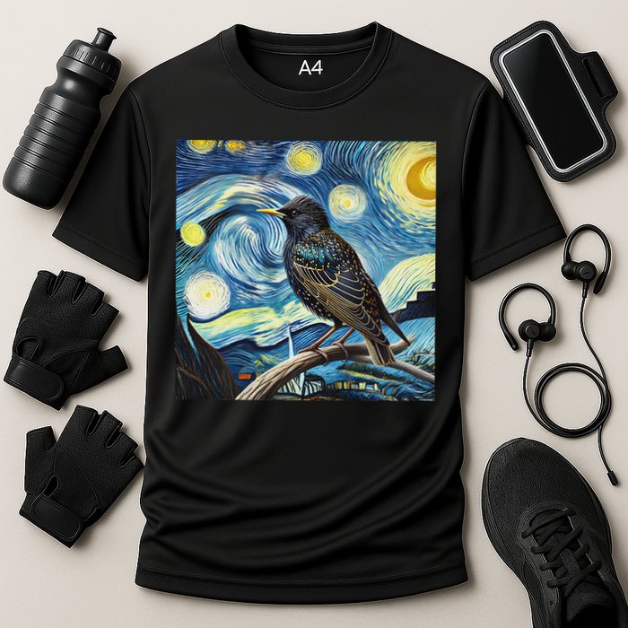 Common Starling Lover Bird Watching Birding Starry Night Art Cooling Performance Crew T-Shirt