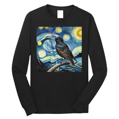 Common Starling Lover Bird Watching Birding Starry Night Art Long Sleeve Shirt