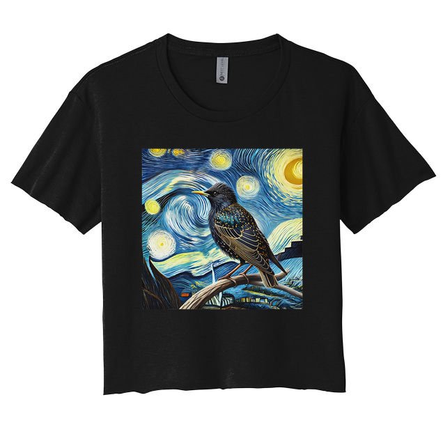 Common Starling Lover Bird Watching Birding Starry Night Art Crop Top