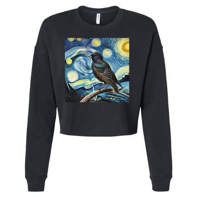 Common Starling Lover Bird Watching Birding Starry Night Art Cropped Pullover Crew