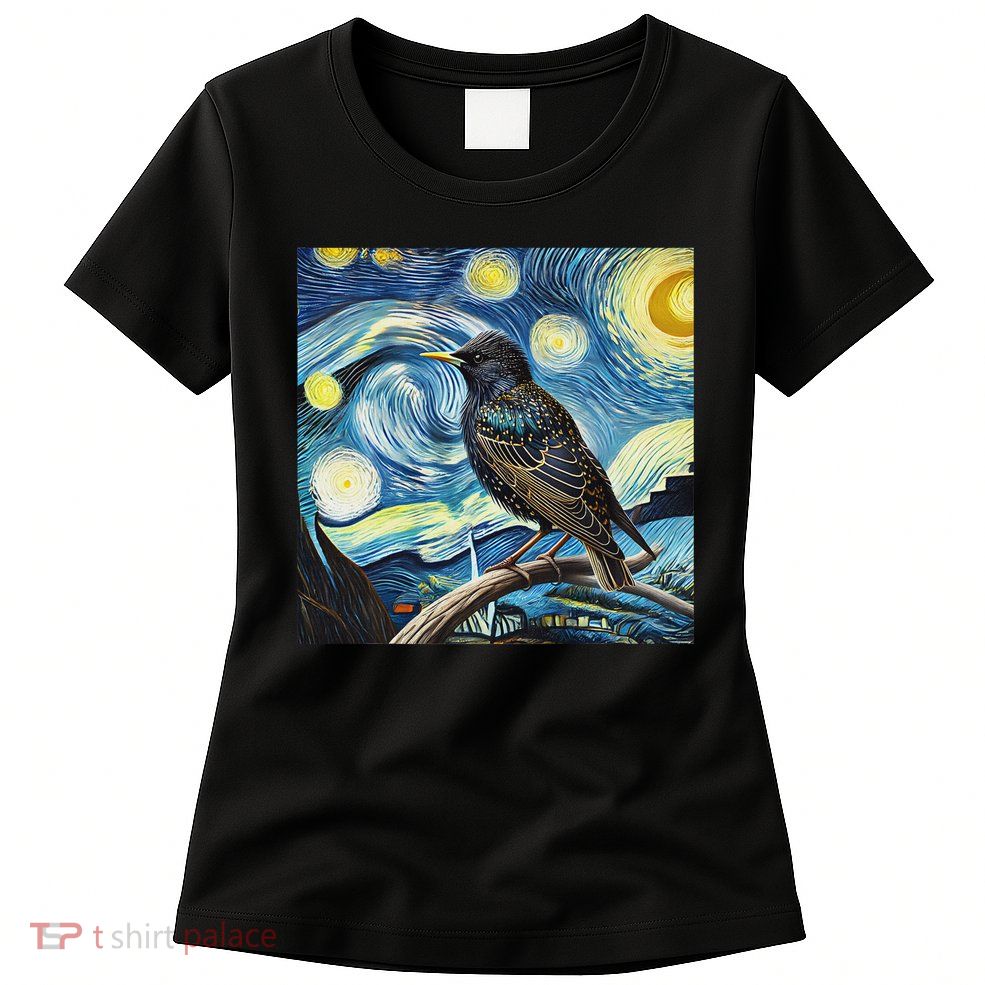 Common Starling Lover Bird Watching Birding Starry Night Art Womens T-Shirt