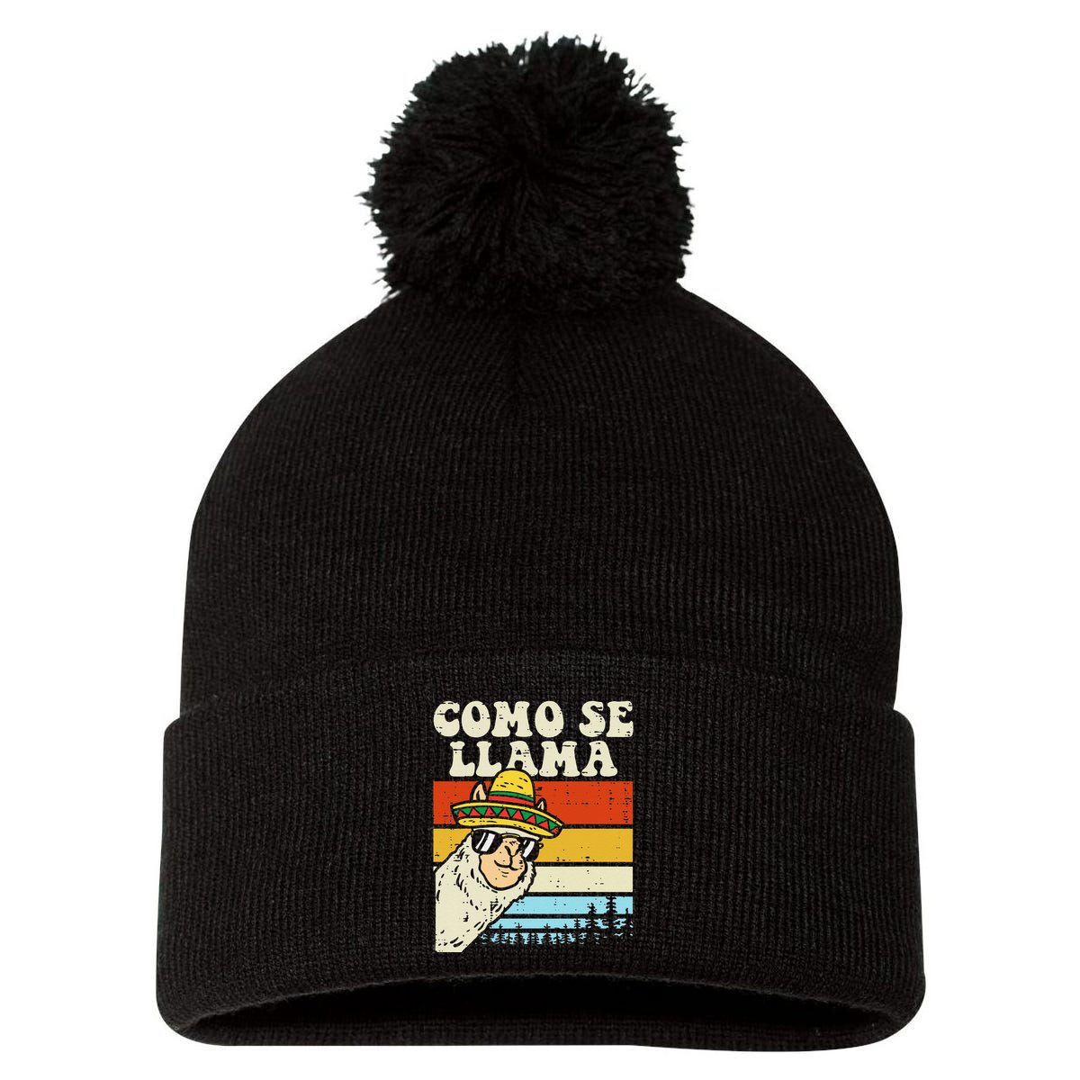 Como Se Llama Funny Cinco De Mayo Mexican Alpaca Animal Pom Pom 12in Knit Beanie