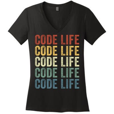 Code Sleek Life Minimalist Retro Design For Tech Enthusiasts Coding Aficionados Women's V-Neck T-Shirt