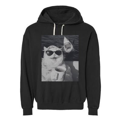 Cat Scarf Meme Drinking Coffee Selfie Chill White Shark Garment-Dyed Fleece Hoodie