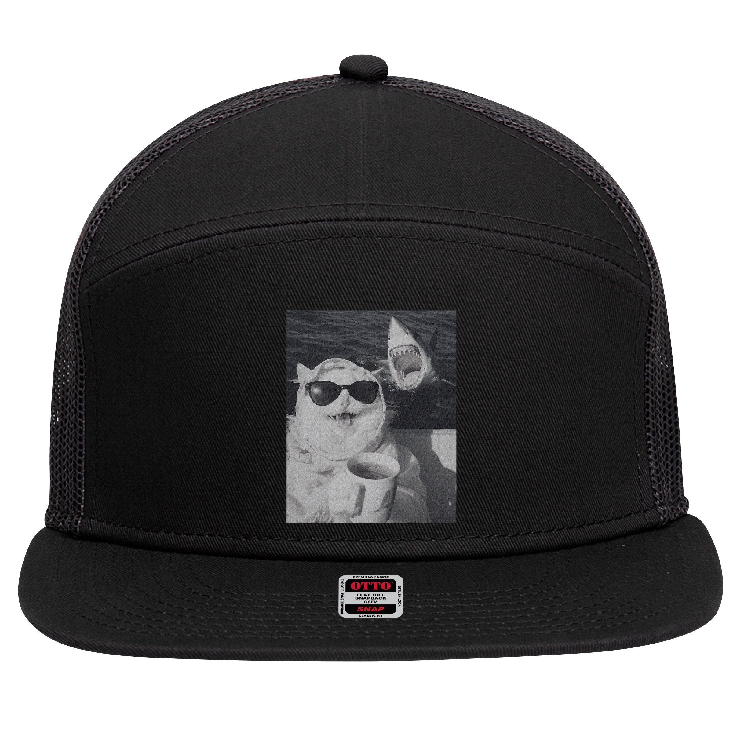 Cat Scarf Meme Drinking Coffee Selfie Chill White Shark 7 Panel Mesh Trucker Snapback Hat