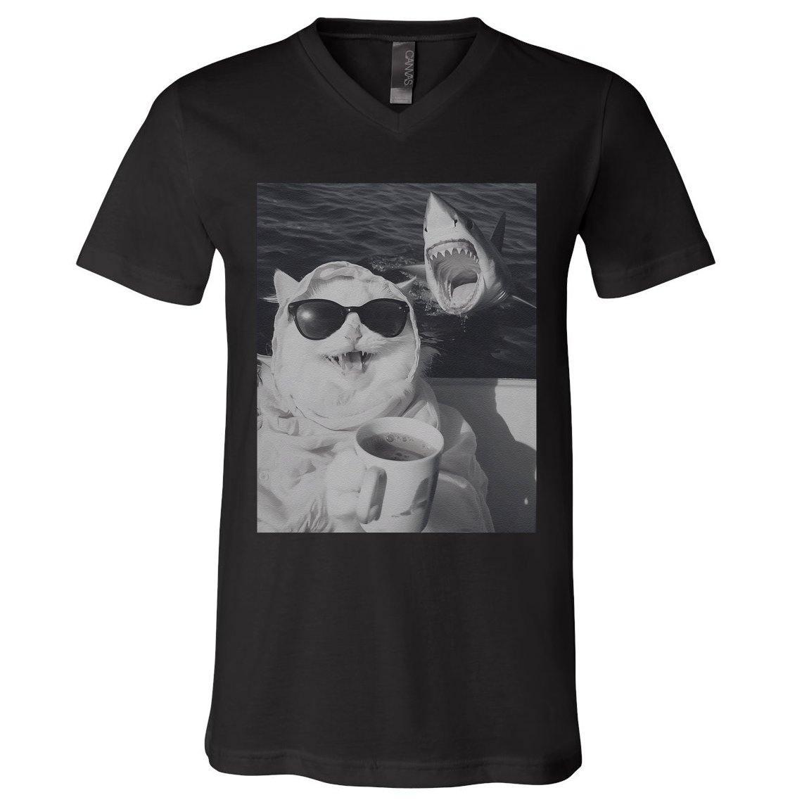 Cat Scarf Meme Drinking Coffee Selfie Chill White Shark V-Neck T-Shirt