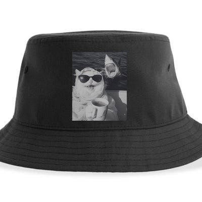 Cat Scarf Meme Drinking Coffee Selfie Chill White Shark Sustainable Bucket Hat