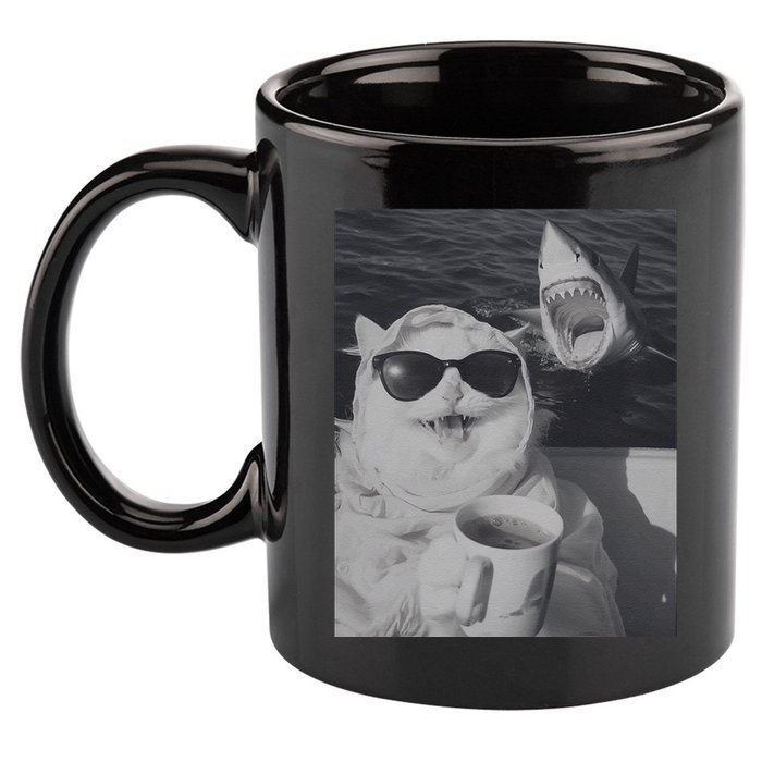 Cat Scarf Meme Drinking Coffee Selfie Chill White Shark 11oz C Handle Ceramic Mug