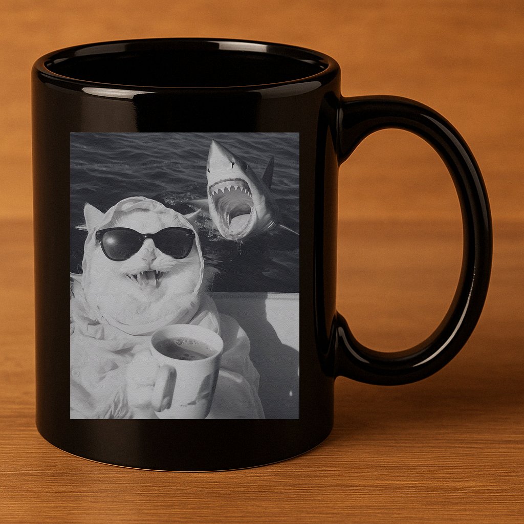 Cat Scarf Meme Drinking Coffee Selfie Chill White Shark 11oz C Handle Ceramic Mug