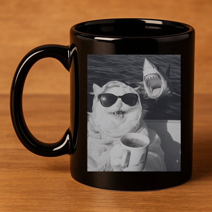 Cat Scarf Meme Drinking Coffee Selfie Chill White Shark 11oz C Handle Ceramic Mug