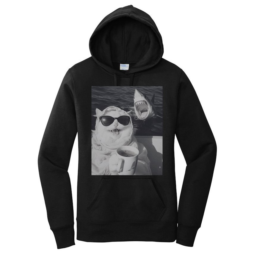 Cat Scarf Meme Drinking Coffee Selfie Chill White Shark Women's Pullover Hoodie