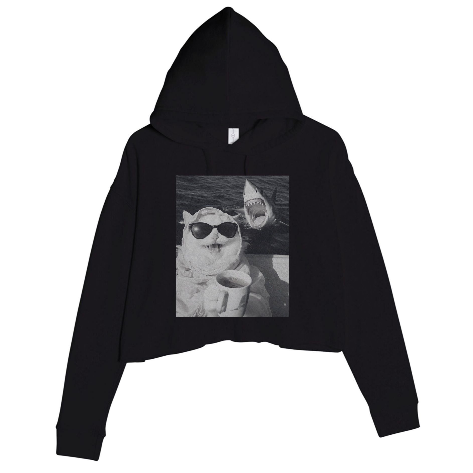 Cat Scarf Meme Drinking Coffee Selfie Chill White Shark Crop Fleece Hoodie