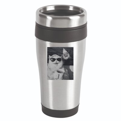 Cat Scarf Meme Drinking Coffee Selfie Chill White Shark 16oz Travel Tumbler