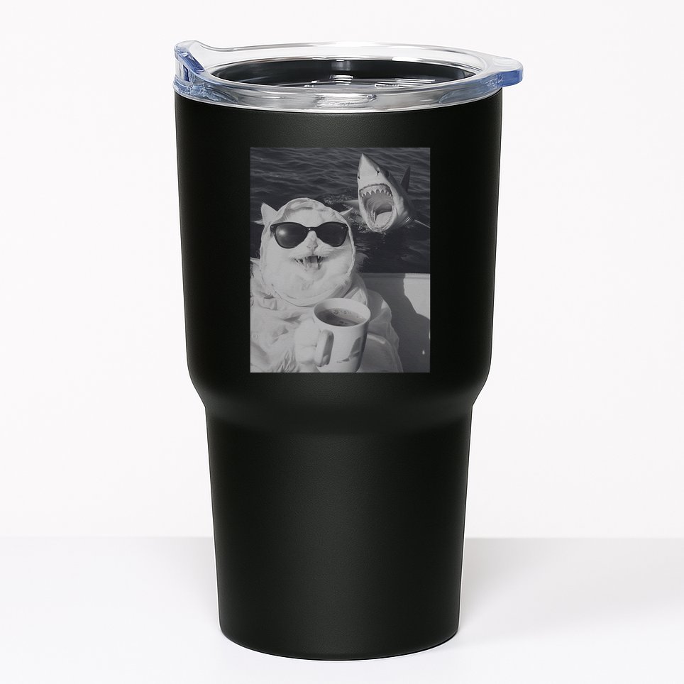 Cat Scarf Meme Drinking Coffee Selfie Chill White Shark Tumbler