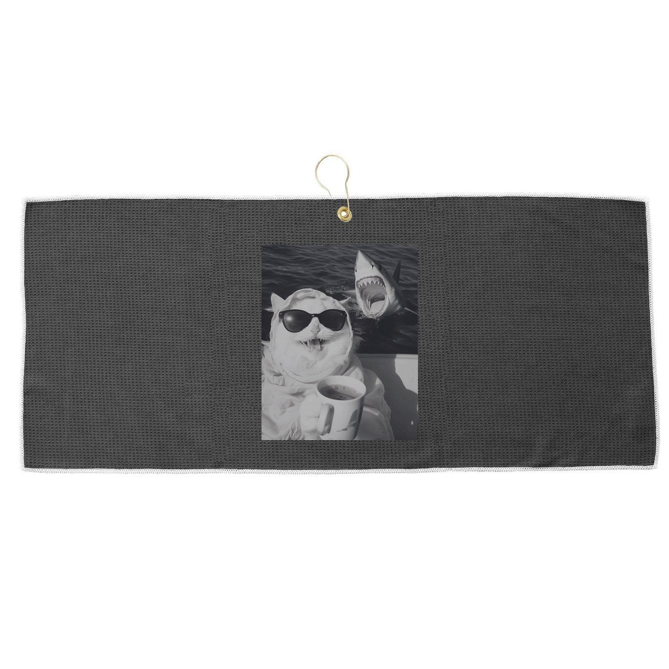 Cat Scarf Meme Drinking Coffee Selfie Chill White Shark Large Microfiber Waffle Golf Towel