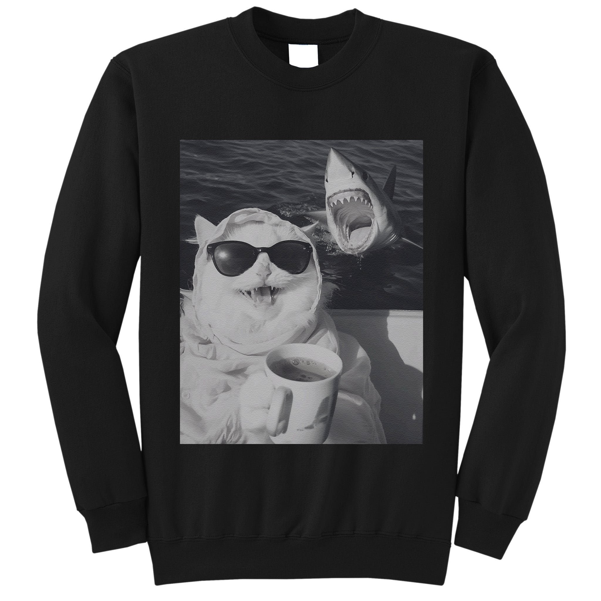 Cat Scarf Meme Drinking Coffee Selfie Chill White Shark Tall Sweatshirt