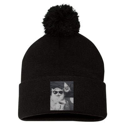 Cat Scarf Meme Drinking Coffee Selfie Chill White Shark Pom Pom 12in Knit Beanie