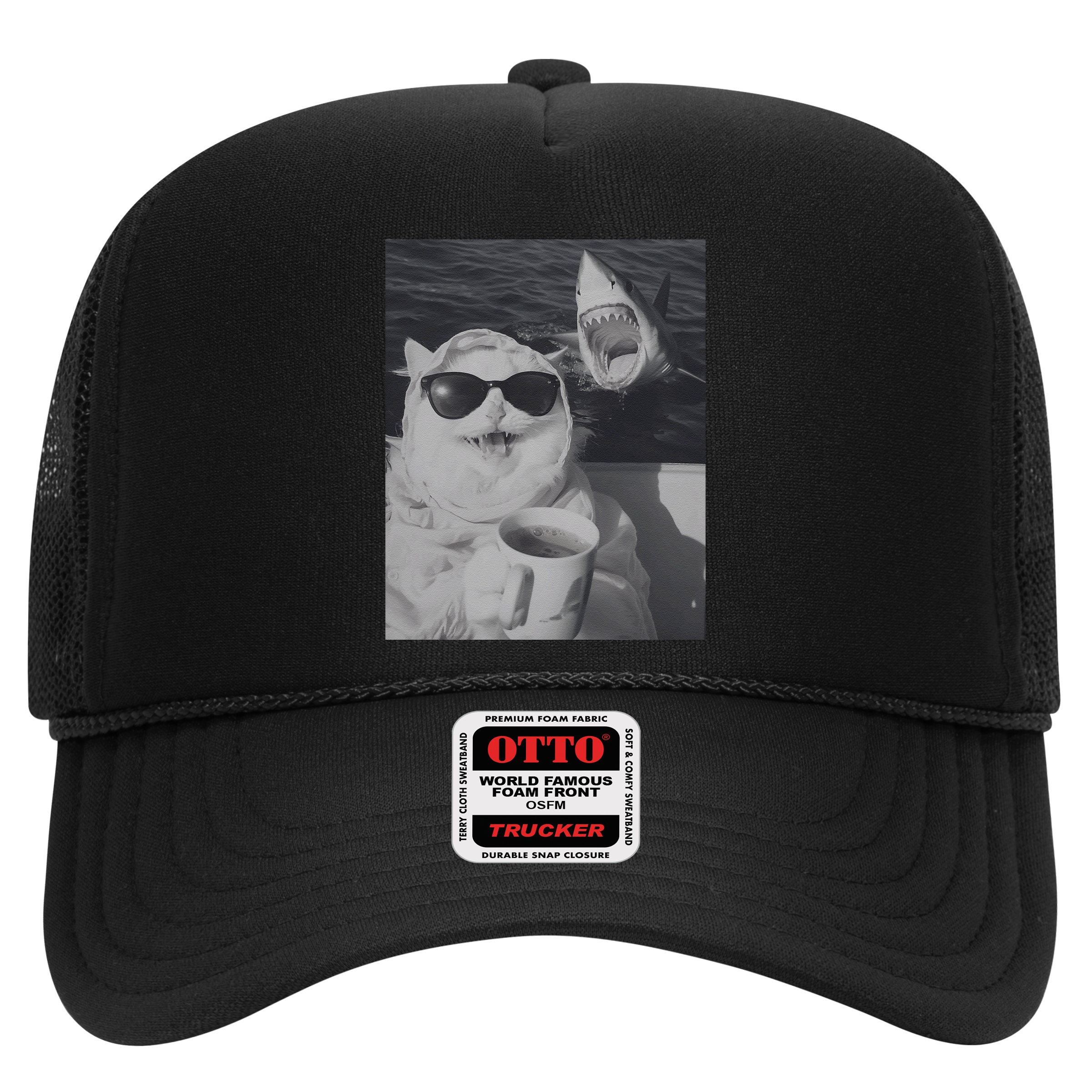 Cat Scarf Meme Drinking Coffee Selfie Chill White Shark Hat