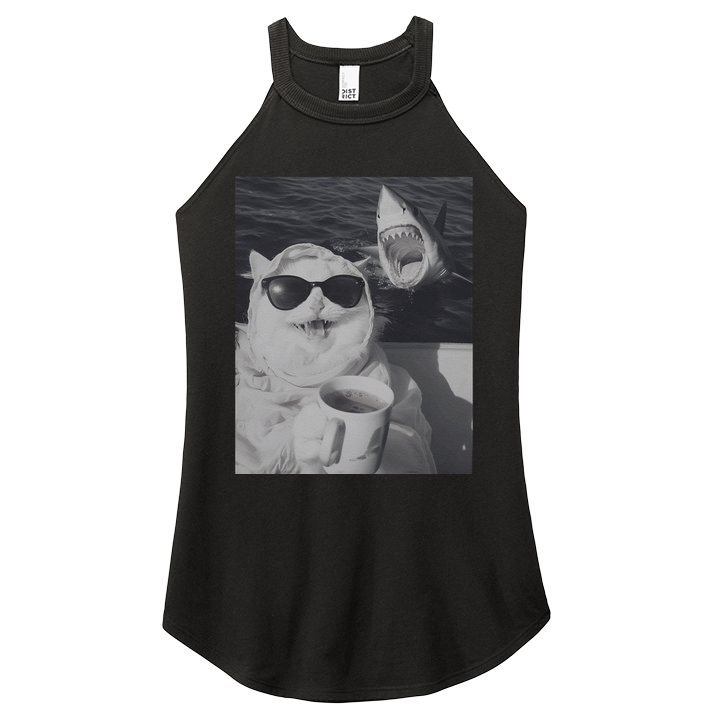 Cat Scarf Meme Drinking Coffee Selfie Chill White Shark Women's Perfect Tri Rocker Tank