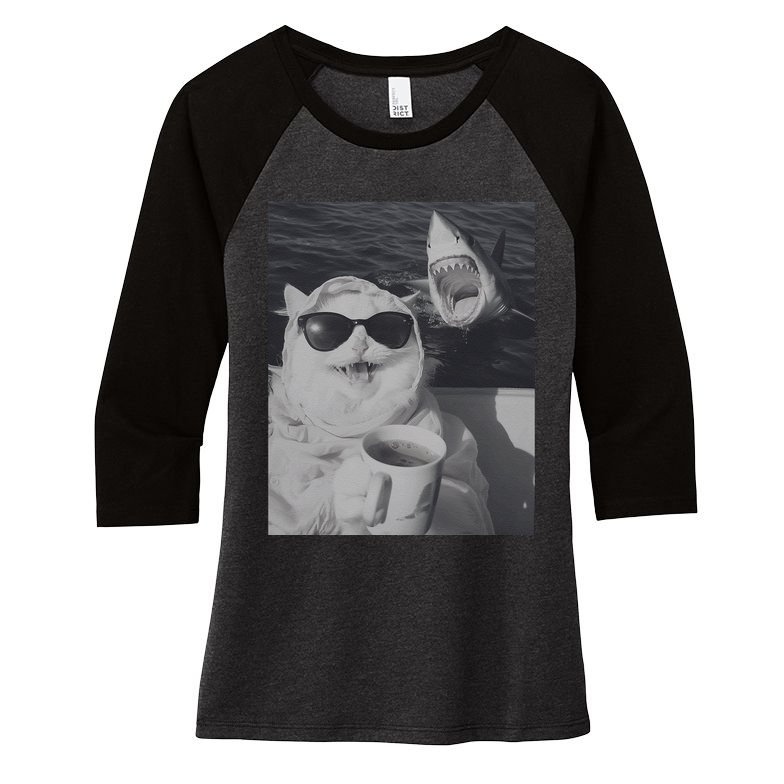 Cat Scarf Meme Drinking Coffee Selfie Chill White Shark Women's Tri-Blend 3/4-Sleeve Raglan Shirt