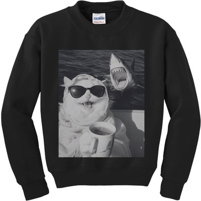 Cat Scarf Meme Drinking Coffee Selfie Chill White Shark Kids Sweatshirt