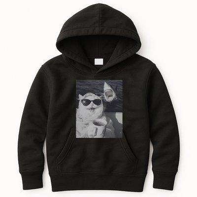 Cat Scarf Meme Drinking Coffee Selfie Chill White Shark Kids Hoodie