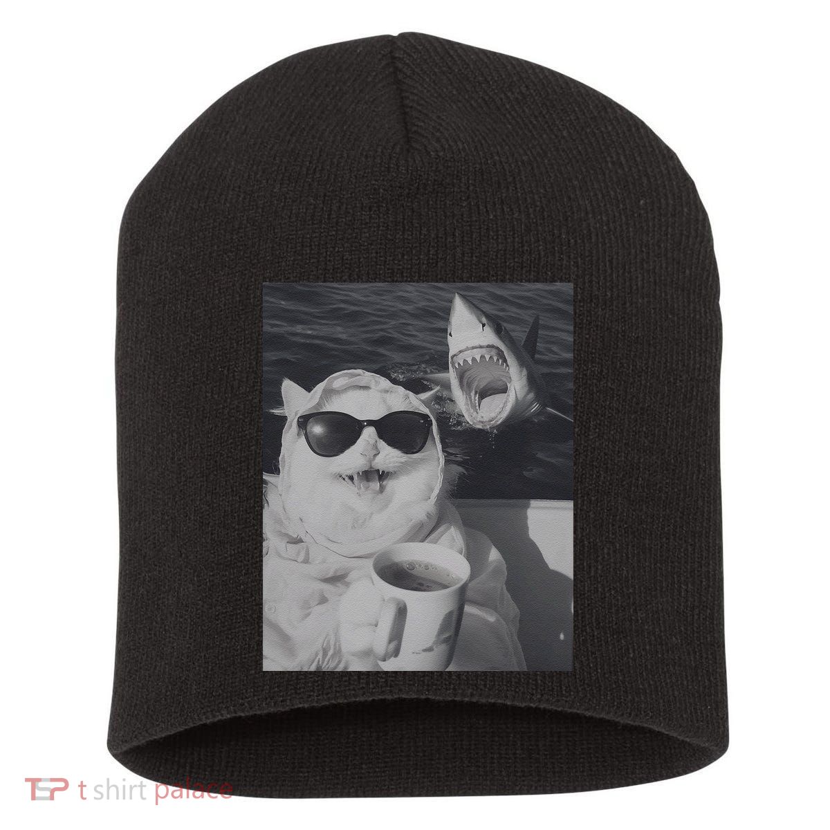 Cat Scarf Meme Drinking Coffee Selfie Chill White Shark Short Acrylic Beanie