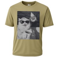 Cat Scarf Meme Drinking Coffee Selfie Chill White Shark Cooling Performance Crew T-Shirt