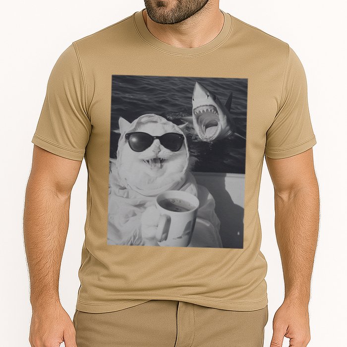 Cat Scarf Meme Drinking Coffee Selfie Chill White Shark Cooling Performance Crew T-Shirt