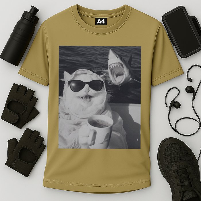 Cat Scarf Meme Drinking Coffee Selfie Chill White Shark Cooling Performance Crew T-Shirt