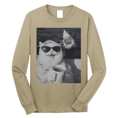 Cat Scarf Meme Drinking Coffee Selfie Chill White Shark Long Sleeve Shirt