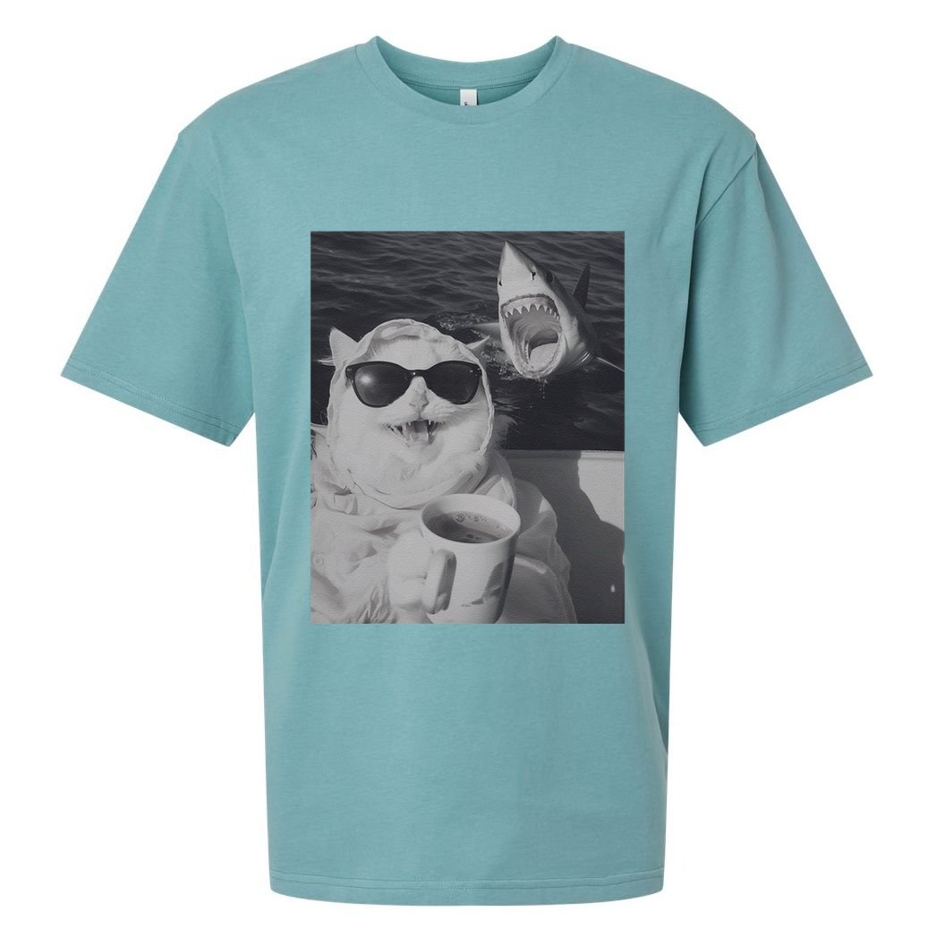 Cat Scarf Meme Drinking Coffee Selfie Chill White Shark Sueded Cloud Jersey T-Shirt