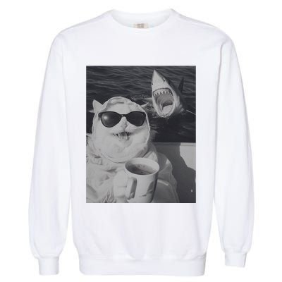 Cat Scarf Meme Drinking Coffee Selfie Chill White Shark Garment-Dyed Sweatshirt