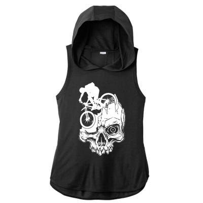 Cool Skull Mountain Biker Illustration Ladies PosiCharge Tri-Blend Wicking Draft Hoodie Tank