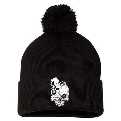 Cool Skull Mountain Biker Illustration Pom Pom 12in Knit Beanie