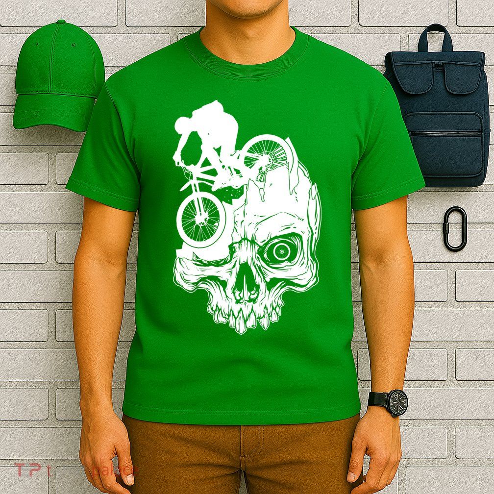 Cool Skull Mountain Biker Illustration T-Shirt