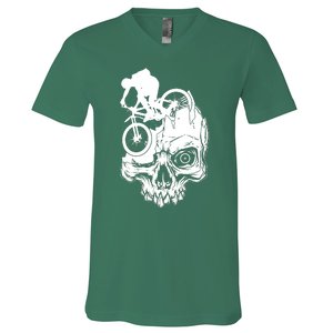 Cool Skull Mountain Biker Illustration V-Neck T-Shirt