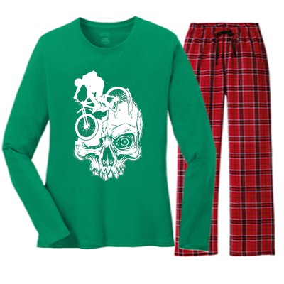 Cool Skull Mountain Biker Illustration Women's Long Sleeve Flannel Pajama Set 