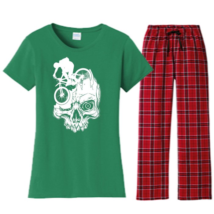 Cool Skull Mountain Biker Illustration Women's Flannel Pajama Set