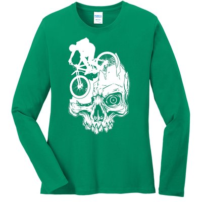 Cool Skull Mountain Biker Illustration Ladies Long Sleeve Shirt