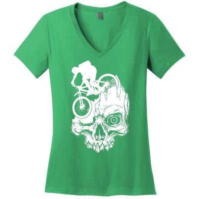 Cool Skull Mountain Biker Illustration Women's V-Neck T-Shirt