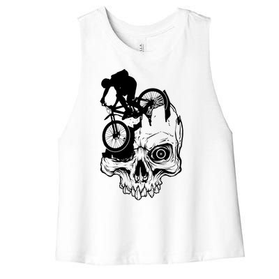 Cool Skull Mountain Biker Illustration Women's Racerback Cropped Tank