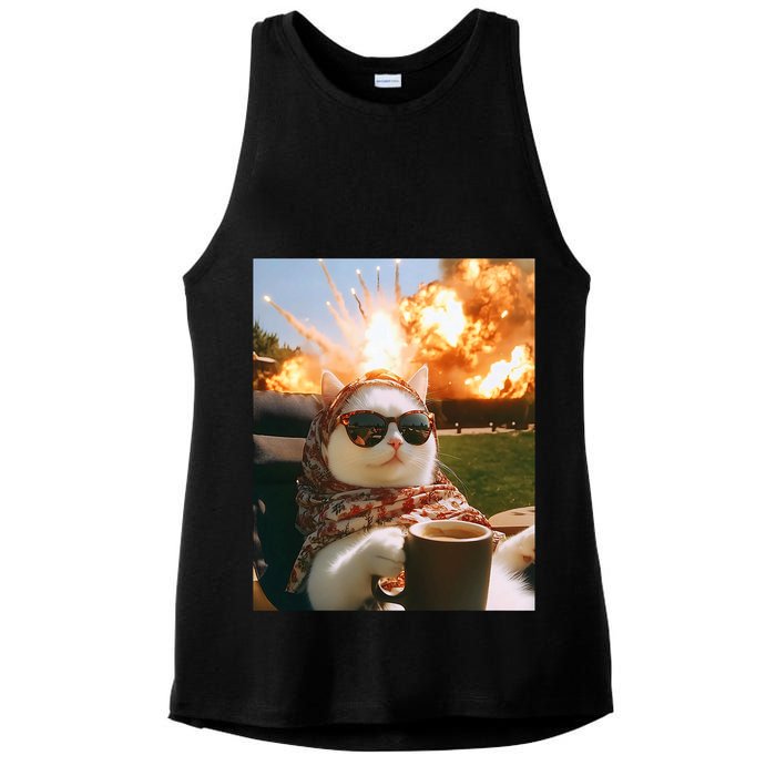 Cat Scarf Meme Drinking Coffee Selfie Chill Explosive Comet  Ladies PosiCharge Tri-Blend Wicking Tank