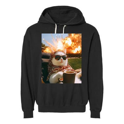 Cat Scarf Meme Drinking Coffee Selfie Chill Explosive Comet  Garment-Dyed Fleece Hoodie